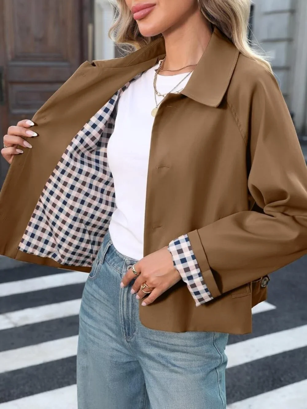 Women's Cropped Trench Coat Spring Fashion Jackets Outfit Single Breasted Khaki